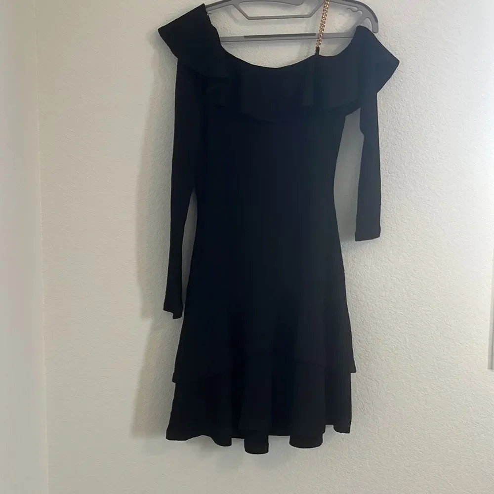 Michael Kors Black Off Shoulder Ruffle Dress XS Petite Long Sleeve Flowy Cocktai